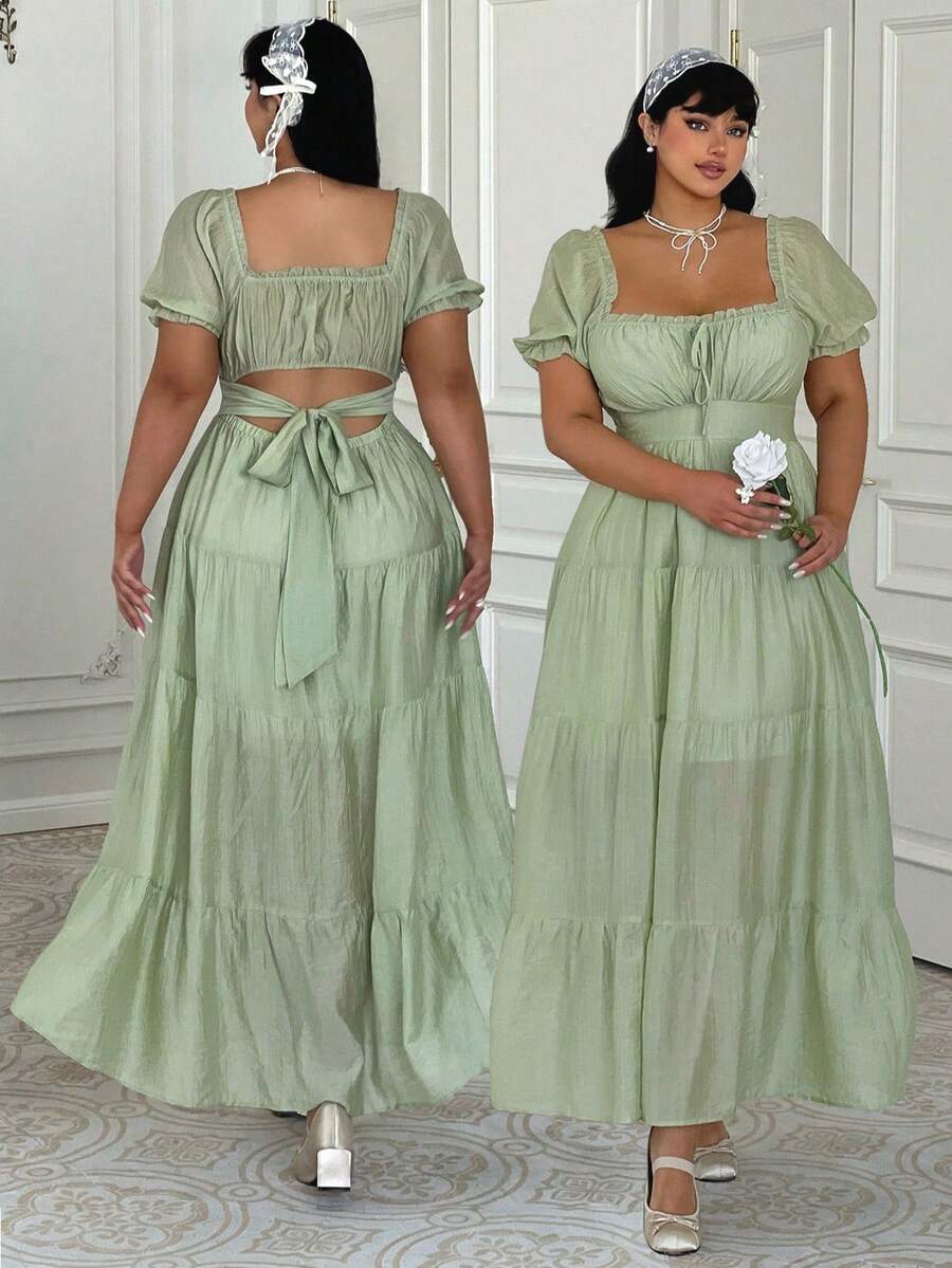 Lyrianda Đầm dáng rộng, bèo nhún kiểu Pháp, thắt nơ, thích hợp mặc mùa xuân/hè. - màu xanh lá - Xem 1