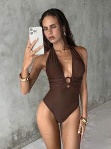 SHEIN Luminelle Women's Solid Color One-Piece Swimsuit, Flattering High Cut, Sexy Beach Vacation Wear, Halter Neck Swimsuit, Brown Swimsuit - Coffee Brown - View 8