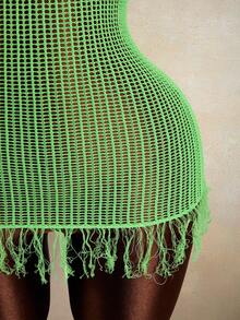 Bonvoyette 春夏新款女士绿色钩针镂空网纱无袖流苏拼接吊带裙，沙滩裙，比基尼罩衫，休闲沙滩装，夏季必备 - 綠色 - 查看 6