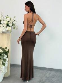 Aloruh 女士露背吊带鱼尾连衣裙 - 咖啡 - 查看 2