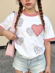 少女爱心印花宽松休闲撞色条纹圆领T恤，适合夏季日常、返校、度假穿着 - 彩色 - 查看 2