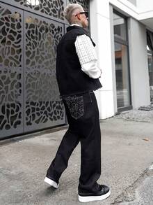 Artur Kramer Men's Single-Breasted Frayed Casual Denim Vest Jacket Boyfriend & Husband Business Casual Regular Washed Black For Slim Fit College Mens Grunge Clothes - Black - View 5