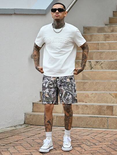 Devon Thys 男士数码印花宽松梭织短裤，适合夏季，街头风格