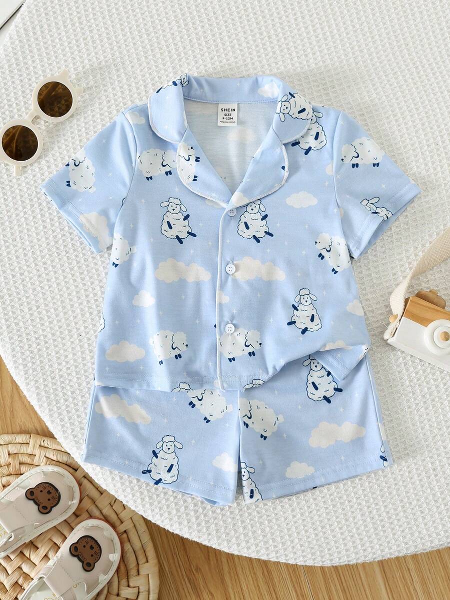 2pcs/Set Baby Boy/Girl Cute Cartoon Print Knit Casual Short Sleeve Pajama Set, Summer - Multicolor - View 1