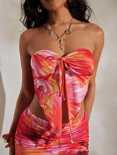 Opulessa Women's Knit Printed Fitted Tube Top & Bodycon Mini Skirt 2 Pieces Set, Suitable For Beach Vacation, Casual, Holiday ,Going Out, Party, Beach