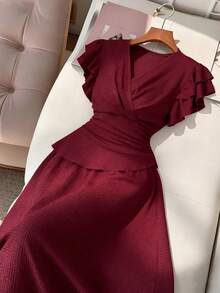 Elenzga New Crossover V-Neck Layered Ruffle Sleeve Knit Textured Top And Elastic Waist Skirt Set, Elegant Versatile For Party, Holiday, Valentine's Day, Casual Wear - Burgundy - View 4