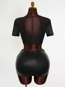 Mistrie Lady Sexy Net Fabric Transparent Embroidery T-Shirt - Black - View 2