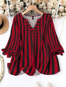Plus Size Women's Colorblock Striped Print Long Sleeve Shirt For New Year Clothes - Red - View 1