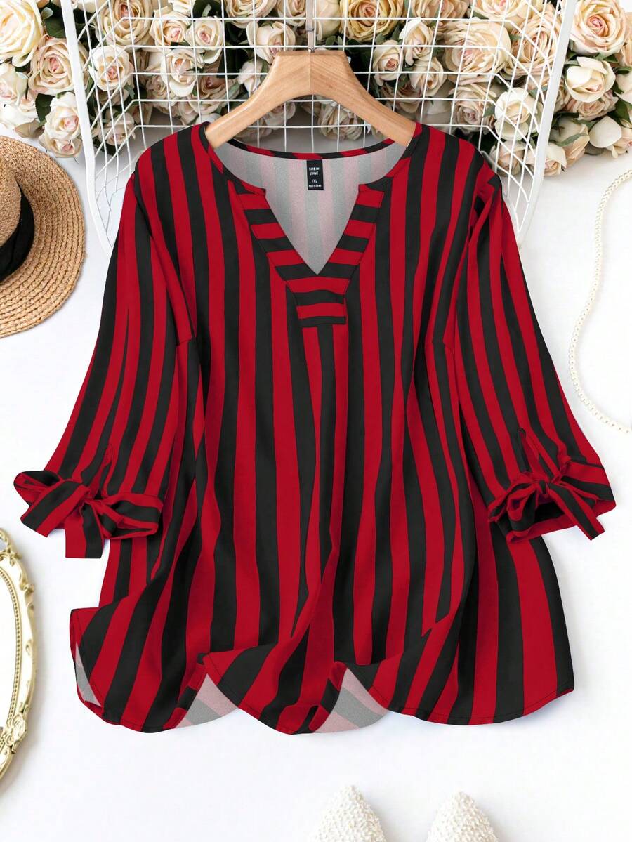 Plus Size Women's Colorblock Striped Print Long Sleeve Shirt For New Year Clothes - Red - View 1
