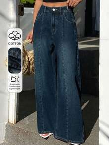 DAZY 女士常规中腰筒形裤腿宽松牛仔裤休闲街头裤 - 中等水洗藍 - 查看 1