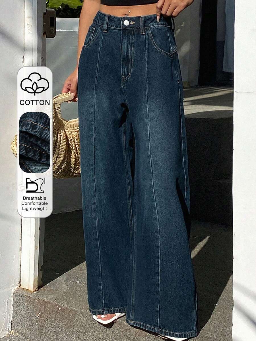 DAZY 女士常规中腰筒形裤腿宽松牛仔裤休闲街头裤 - 中等水洗藍 - 查看 1