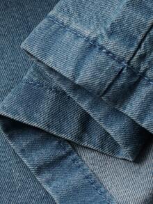 DAZY Conjunto de top de mezclilla de manga corta con cuello y pantalones rectos holgados de mezclilla casual para mujer - Azul lavado medio - Ver 7