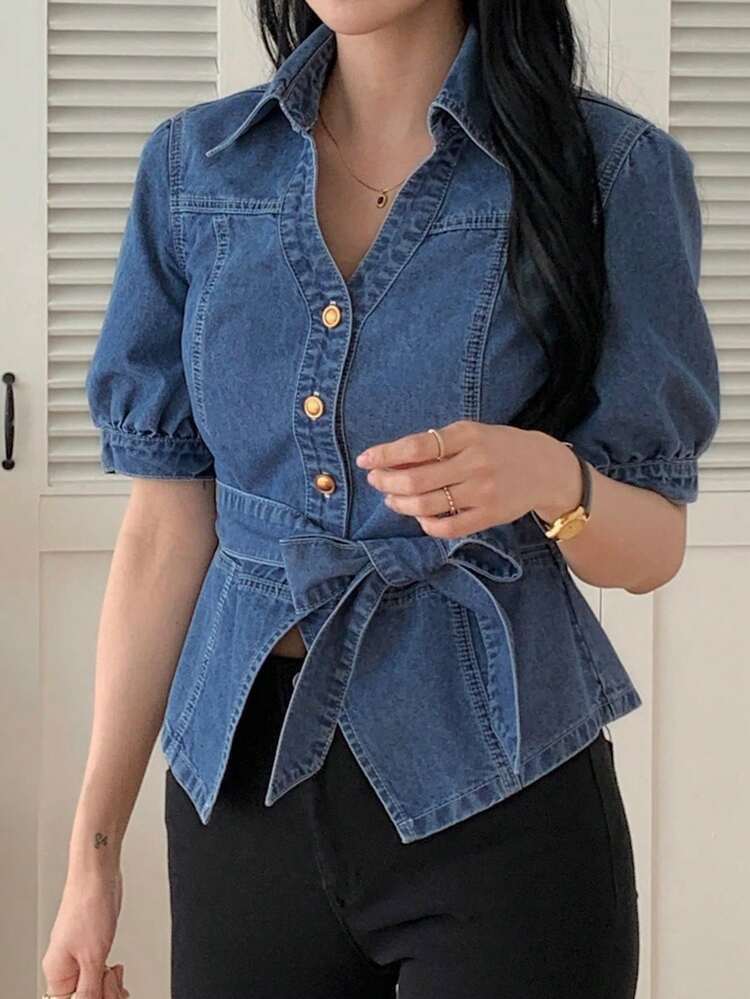 Women's Collared Waist-Cinched Short Sleeve Bow-Tie Waist Decorative Elegant Shorts, Sexy Casual Denim Top Summer