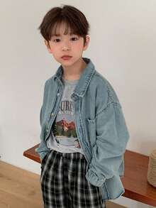 DAZY Tween Boys' Fashionable Drop Shoulder Long Sleeve Button-Up Denim Shirt Spring - Blue - View 3
