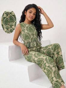 Travachic KIDS 少女休闲度假绿色碎花无袖上衣和松紧腰裤套装，夏季 - 軍綠色 - 查看 8