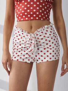 HautHeat Women's Polka Dot Print Drawstring Pajama Shorts - Red - View 6