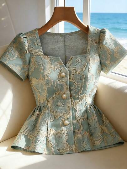 Franclia Blusa elegante de manga abullonada con jacquard y botones metálicos, versátil para fiesta, cita, negocios, viaje