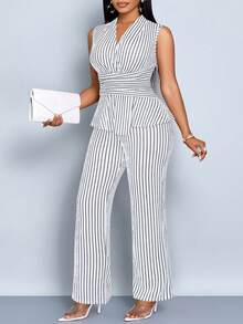 SOLERSUN 女士优雅条纹V领无袖不对称下摆上衣和阔腿裤两件套，日常休闲女士春夏无袖短袖套装，女士办公室服装，复古商务休闲秋季女装，秋季两件套女士套装，冬季女装，返校节感恩节女装，开学季服装 - 白色 - 查看 6