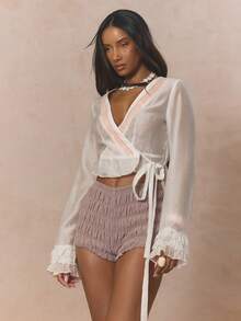 MUSERA V Neck Tie Cross Over Lace Detail Ruffled Longsleeve Blouse Coord Top Only Cute Spring Holiday Girly Sugar Salt - White - View 3