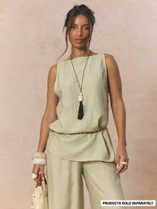 MUSERA Top holgado de corte largo con cuello en pico, top coordinado solo, lindo para primavera, vacaciones, estilo femenino, azúcar y sal, verano - Caqui - Ver 1