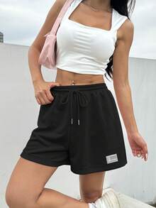 SHEIN EZwear 夏季寬鬆休閒粉色束腰拼接運動短褲 - 黑色 - 查看 4