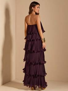 SHEIN BAE Đầm màu nâu trơn thanh lịch, đầm cúp ngực xếp tầng, thích hợp cho tiệc tùng, hẹn hò lãng mạn, phù dâu, dạ hội, sinh nhật, mùa xuân/hè. - Cà phê nâu - Xem 2