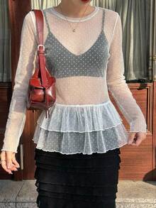 FRIFUL 女士夏季薄纱荷叶边下摆衬衫 - 白色 - 查看 2