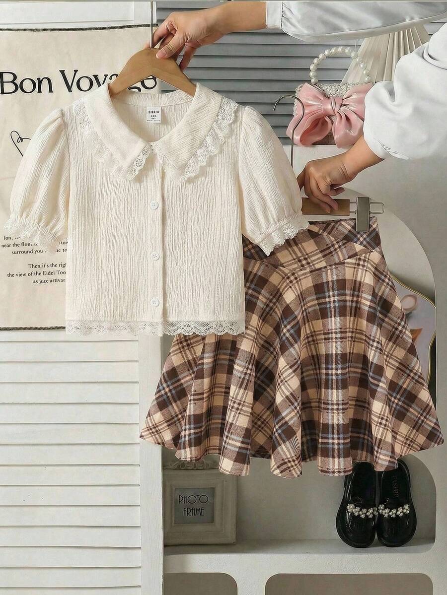 SHEIN Falda de cuadros tejida elegante y de moda para niña preadolescente - Albaricoque - Ver 1