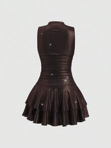Sweetra Nuevo vestido mini de tela brillante, sexy, para fiesta, casual y de uso diario, sin mangas, con cintura ceñida, doble volante en el bajo, color marrón café para mujeres - Café integral - Ver 2