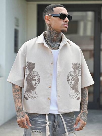 Devon Thys Men's Roman Portrait Print Short Sleeve Single-Breasted Casual Shirt