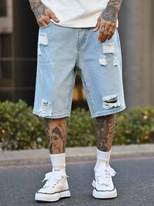 Devon Thys Quần short denim Bermuda màu xanh nhạt, kiểu dáng thời trang dành cho nam, hoàn hảo cho mùa hè thư giãn, quần short denim ống rộng rộng rãi cho bạn trai và chồng khi đi chơi - Rửa nhẹ - Xem 4