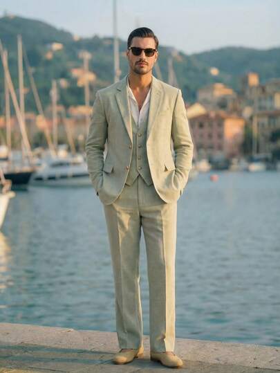 HIMLAND Herrset med enfärgad, hackad krage, enkelknäppt långärmad jacka, väst och byxor, casual pendlingskostym