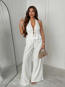 Slaydiva New Early Spring, Spring And Summer Music Festival, Valentine's Day, Easter, Bohemian Style, Casual And Simple Basic Style, Cruise Party, Casual Vacation, Elegant Commuting, V-Neck, Revealing Front Piece, Lace-Up, Large Backless, Fluttering Piece Top + Wide-Leg Pants, Super Long Pants, Loose Fit, White Pleated Fabric Women's Two Pieces Set -A - White - View 3