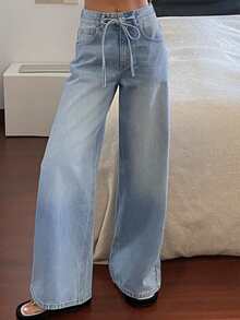 DAZY Celana Jeans Wanita Regular Pinggang Sedang Dekoratif Kasual Potongan Lurus Y2k - Light Wash - View 8