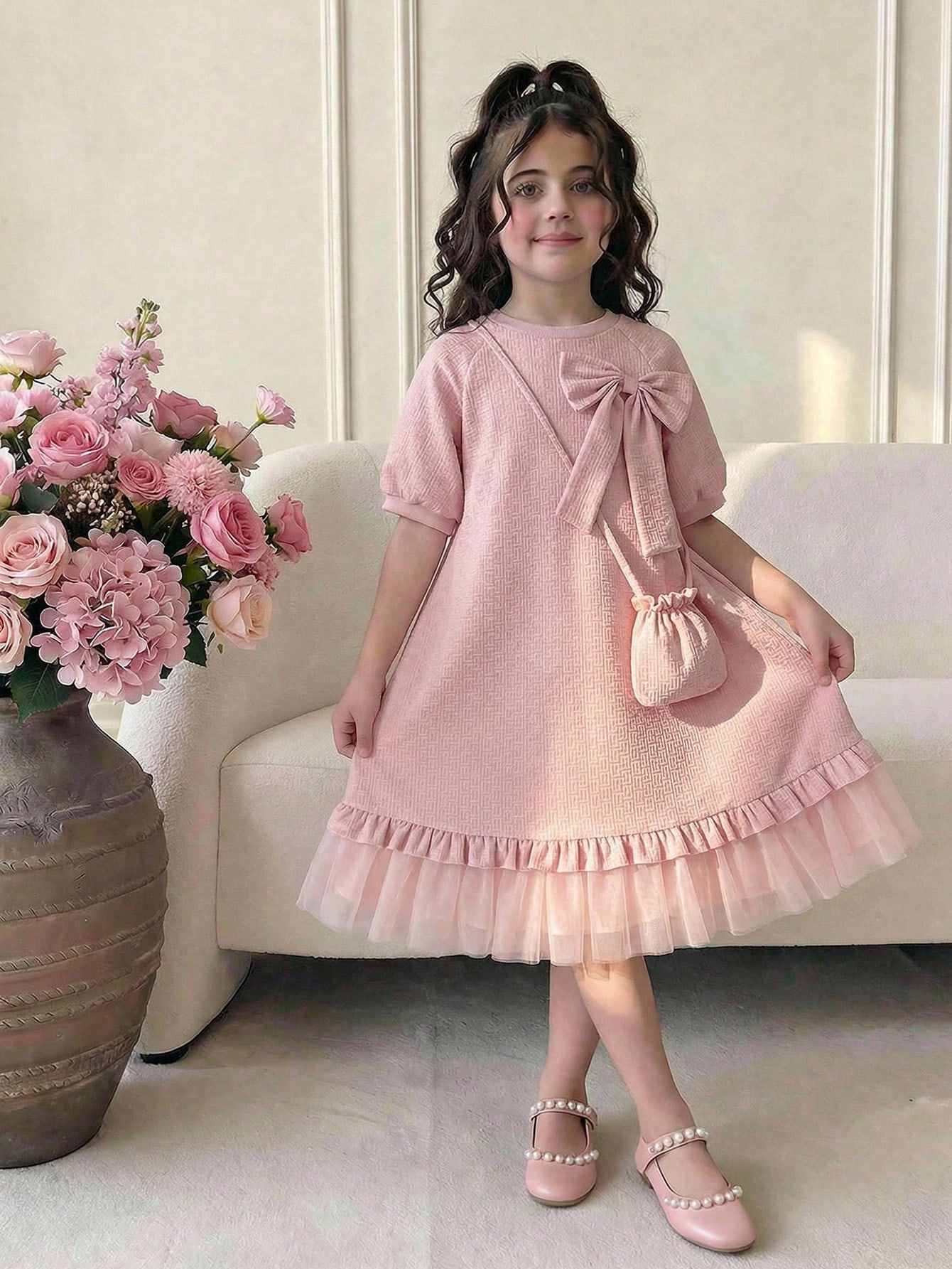 فستان بناتي أنيق بلون سادة للربيع/الصيف، فستان بنا...