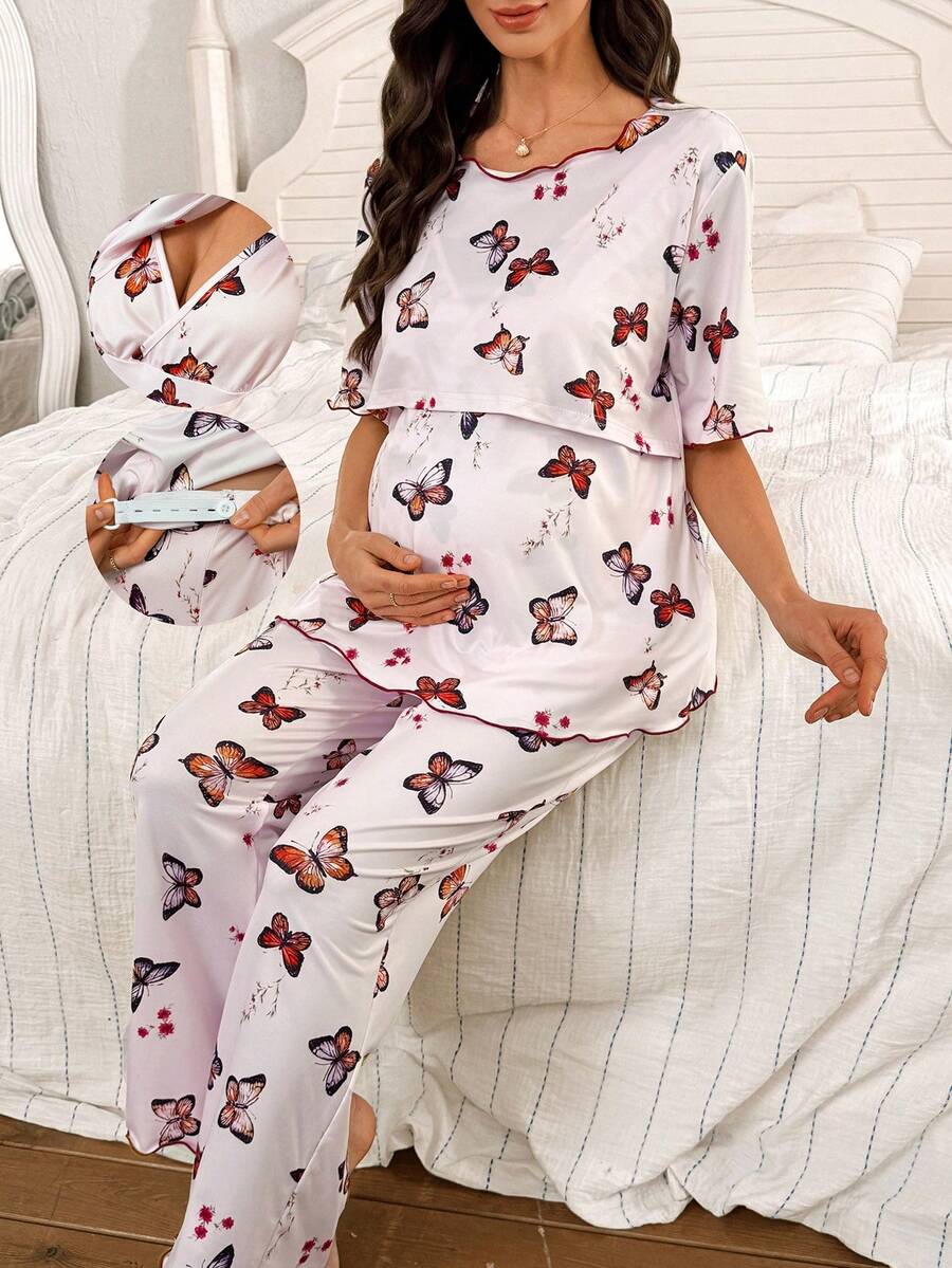 SHEIN 女士休闲蝴蝶印花哺乳套头衫和裤子孕妇睡衣套装 - 彩色 - 查看 1