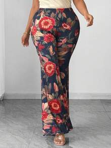 EMERY ROSE Plus Size Elegant Floral Print Flare Pants, Slimming And Leg-Lengthening, Suitable For Outings, Parties, Music Festivals - Multicolor - View 3