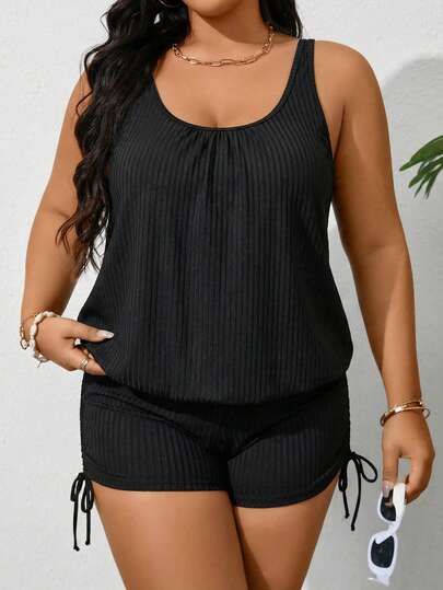 Swim Lushoire 2026 New Summer Beach Vacation Striped Textured Solid Black Plus Size Women Tankini Swimsuit Set
