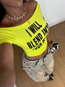 StreetHx 街头风女式字母印花露肩短袖T恤 - 黃色 - 查看 1