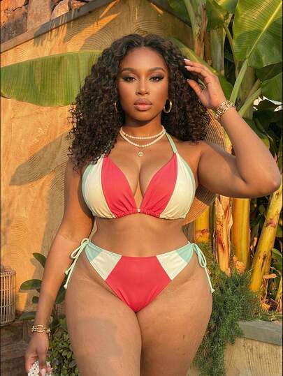 Slaydiva Plus Size Women Vacation Beach Patchwork Ruched Halter Tie Bikini Top And Triangle Bottoms Swimsuit Set