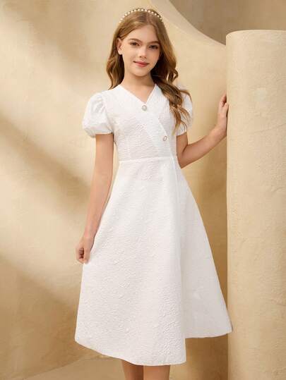 Tween Girl Jacquard V-Neck Short Petal Sleeve Button Design Dress