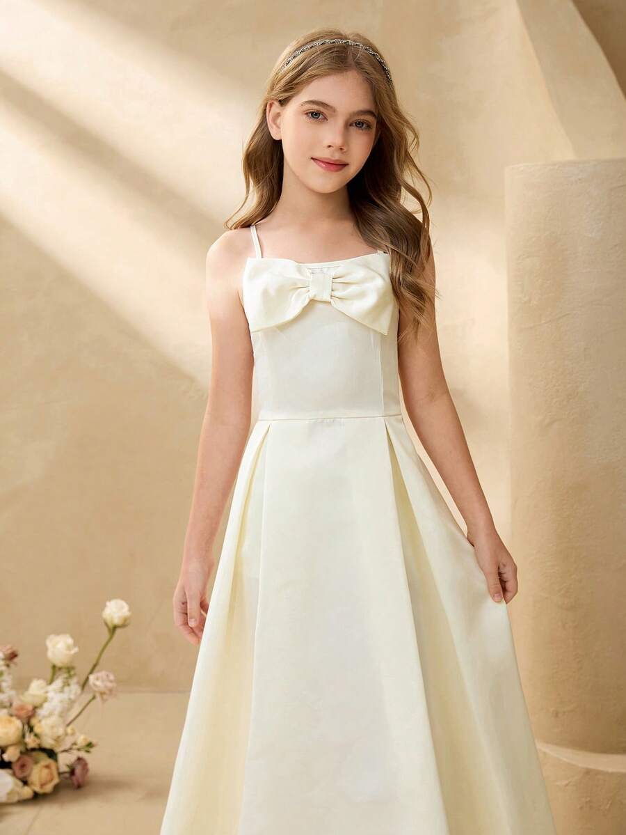 Tween Girl Solid Color Bow Decor Elegant Camisole Party Dress Elegant Dresses For Girls Flowergirl Dress - Champagne - View 1