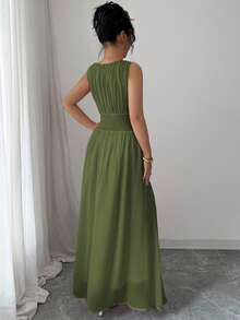 Elenzga Đầm maxi chiffon thanh lịch, lãng mạn, cổ điển dành cho nữ, thích hợp đi biển, tiệc trà chiều, dự tiệc, đi làm, không tay, cổ tròn, eo dây rút, lưng xếp ly, có lớp lót, mùa xuân/hè. - xanh quân đội - Xem 2
