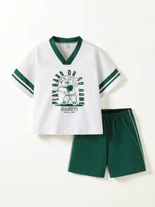 Casuvi Kids 儿童女童V领撞色条纹T恤和休闲短裤两件套，复古泰迪熊图案，日常夏季穿搭 - 白色 - 查看 2