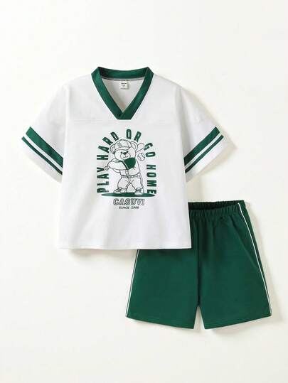 Casuvi Kids KIDS Girls' V-Neck Colorblock Striped T-Shirt & Casual Shorts 2-Piece Set, Vintage Teddy Bear Graphic, Everyday Summer Outfit