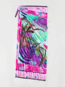 SHEIN Swim Conjunto de pareo y falda con estampado floral y cintura anudada para mujer, ideal para vacaciones - Rojo violeta - Ver 3