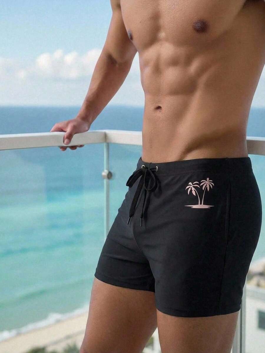 Manfinity Swimmode 男士椰树印花弹力腰带休闲度假沙滩泳裤，男士泳裤冲浪短裤，带压缩内衬，速干泳衣，夏威夷男士泳装，男士泳裤，棕榈树泳裤，男士黑色泳裤，男士沙滩短裤，男士黑色泳裤，男士棕榈树泳裤，男士泳装短裤，黑色泳裤 - 黑與白 - 查看 1