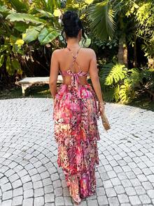 SHEIN SXY Đầm hoa hở lưng cổ yếm dáng xòe cho kỳ nghỉ, có bèo nhún, mùa hè, mùa xuân, đi biển, Ibiza, đầm hoa cho nữ, đầm nghỉ mát gợi cảm phong cách Boho, trang phục đi biển cho nữ, bộ váy đầm nghỉ mát 2 mảnh phong cách Boho, bộ đồ nghỉ mát 2 mảnh cho nữ, trang phục nghỉ dưỡng cho nữ, đầm đi biển cho nữ, đầm che bikini, đầm 2 mảnh, trang phục mùa hè cho nữ, đầm đi biển - Nhiều màu - Xem 2