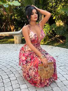 SHEIN SXY Đầm hoa hở lưng cổ yếm dáng xòe cho kỳ nghỉ, có bèo nhún, mùa hè, mùa xuân, đi biển, Ibiza, đầm hoa cho nữ, đầm nghỉ mát gợi cảm phong cách Boho, trang phục đi biển cho nữ, bộ váy đầm nghỉ mát 2 mảnh phong cách Boho, bộ đồ nghỉ mát 2 mảnh cho nữ, trang phục nghỉ dưỡng cho nữ, đầm đi biển cho nữ, đầm che bikini, đầm 2 mảnh, trang phục mùa hè cho nữ, đầm đi biển - Nhiều màu - Xem 3