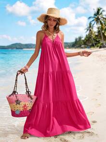 Sylviya Women's V-Neck Sleeveless Maxi Beach Dress For Vacation - Hot Pink - View 4